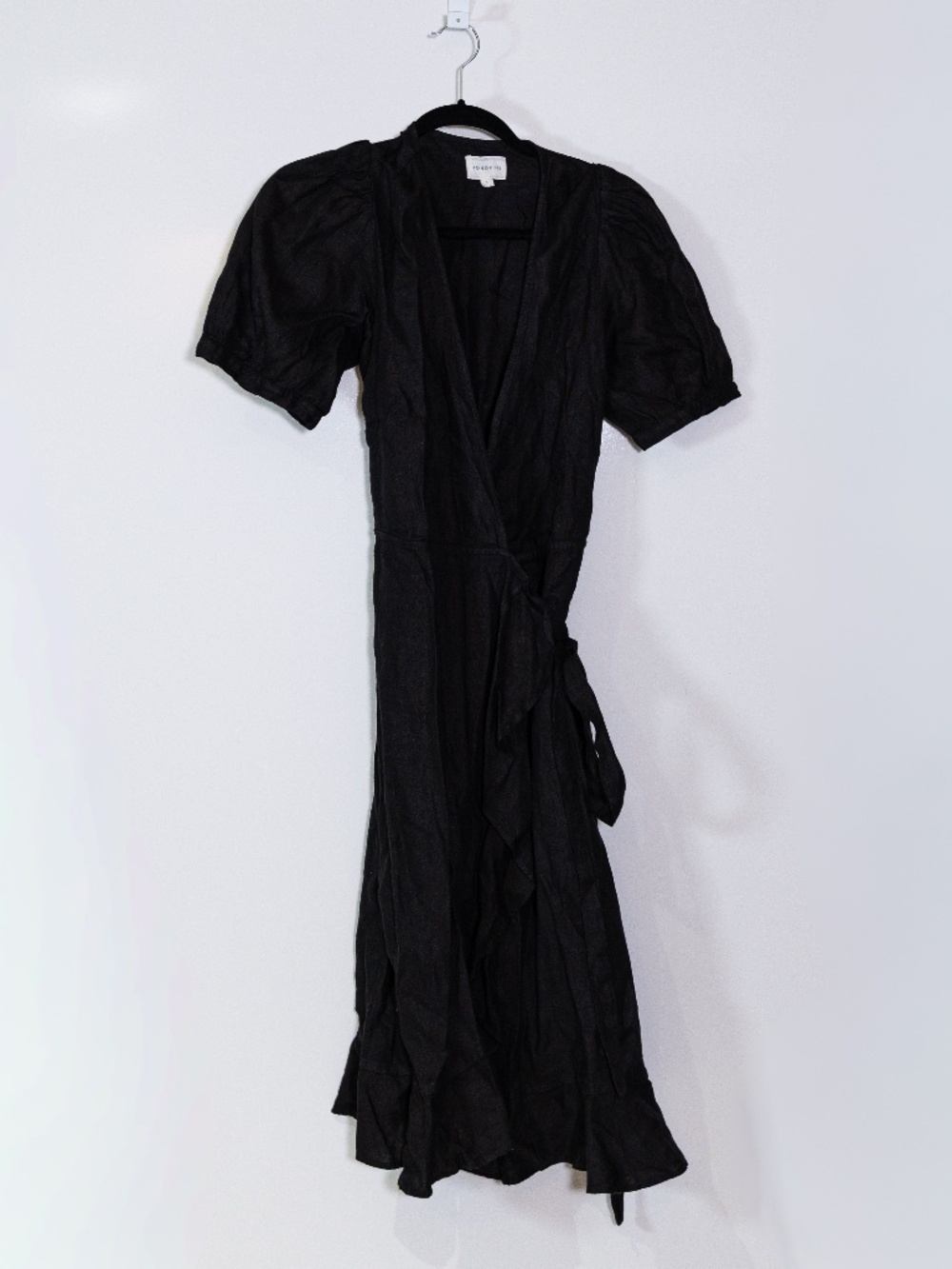 Honorine Linen Short Sleeve V Neck Wrap Midi Dress Solid Black Large